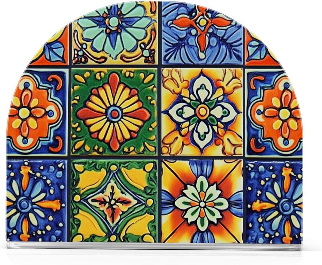 Vintage Mexican Tile Patterns Colorful Ethnic Napkin Holder for Table Acrylic Vertical Napkin Holders for Paper Napkins Decor Napkin Dispenser for Home Party Dining Cocktail Kitchen Accessories
