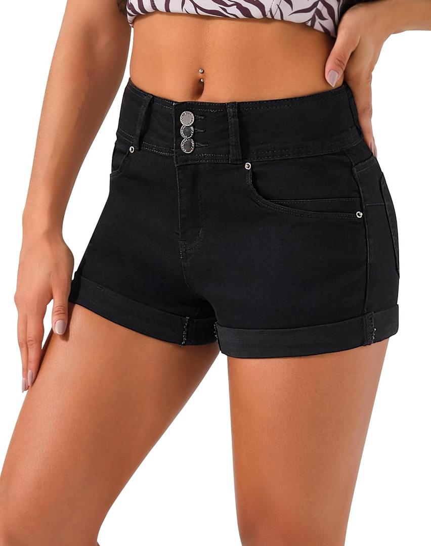 roswear Women's High Waisted Stretchy Denim Shorts Cuffed Jean Shorts, Black, XL