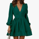 FAIABLE Mini Deep V Sexy Long Sleeve Dress for Women A-line High Waisted Casual Flowy Dress for Cocktail Wedding Guest, M