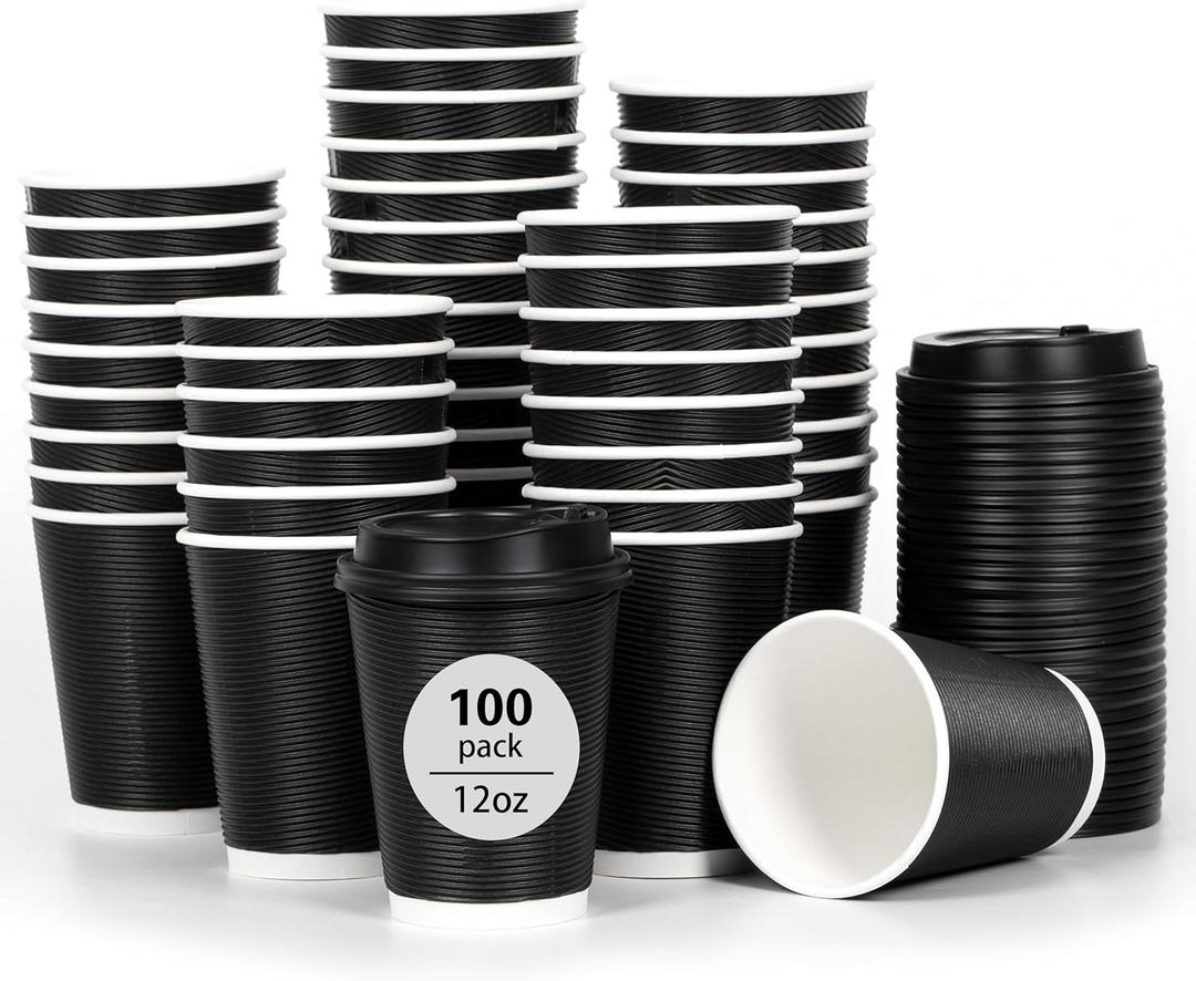 DAILYLIFE 12oz Insulated Black Disposable Coffee Cups with Lids- 100 Pack, To Go Coffee Cups for Hot Drinks, Leak Proof Design, Ideal for Cafes, Offices, Paries and Family