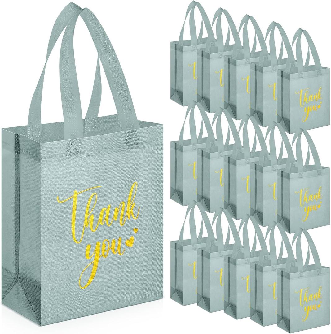 Sweetude 30 Pcs Thank You Gift Bags with Handles, Reusable Non Woven Foldable Goodie Bags Bulk for Graduation Teacher Appreciation Wedding Bridesmaid Favors(10 x 8 x 4 Inch,Sage Green)