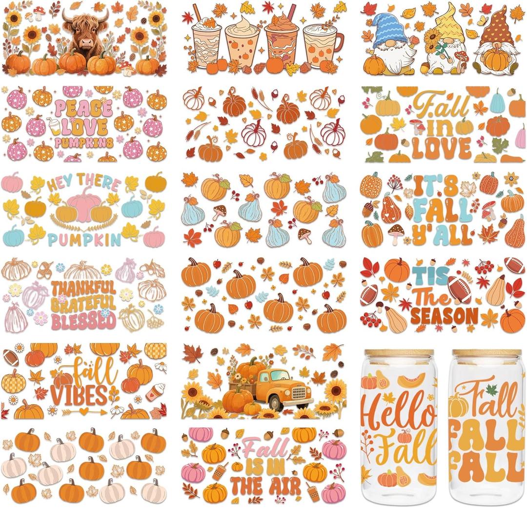 UV DTF Cup Wraps for 16 oz - 18 Sheet Fall UV DTF Transfer Stickers, Fall Cup Wraps for Glass, Harvest Waterproof Decals, Autumn Festival DIY Crafts for Family