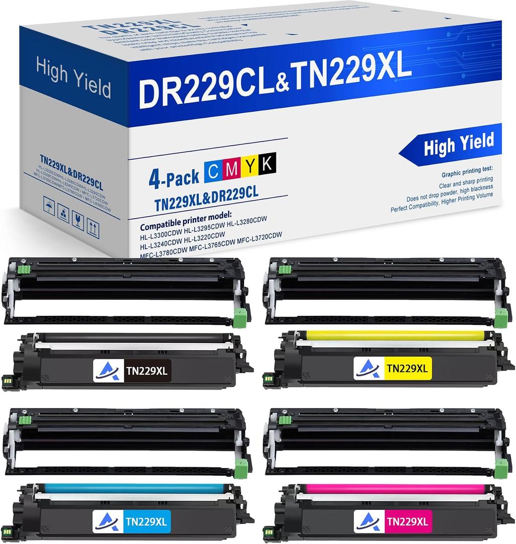 DR229CL Drum Unit Set & Compatible TN229xl Toner Cartridges 4-Pack Replacement for Brother DR-229CL & TN229XL,Use with HL-L3220CDW HL-L3300CDW MFC-L3720CDW MFC-L3780CDW Printer
