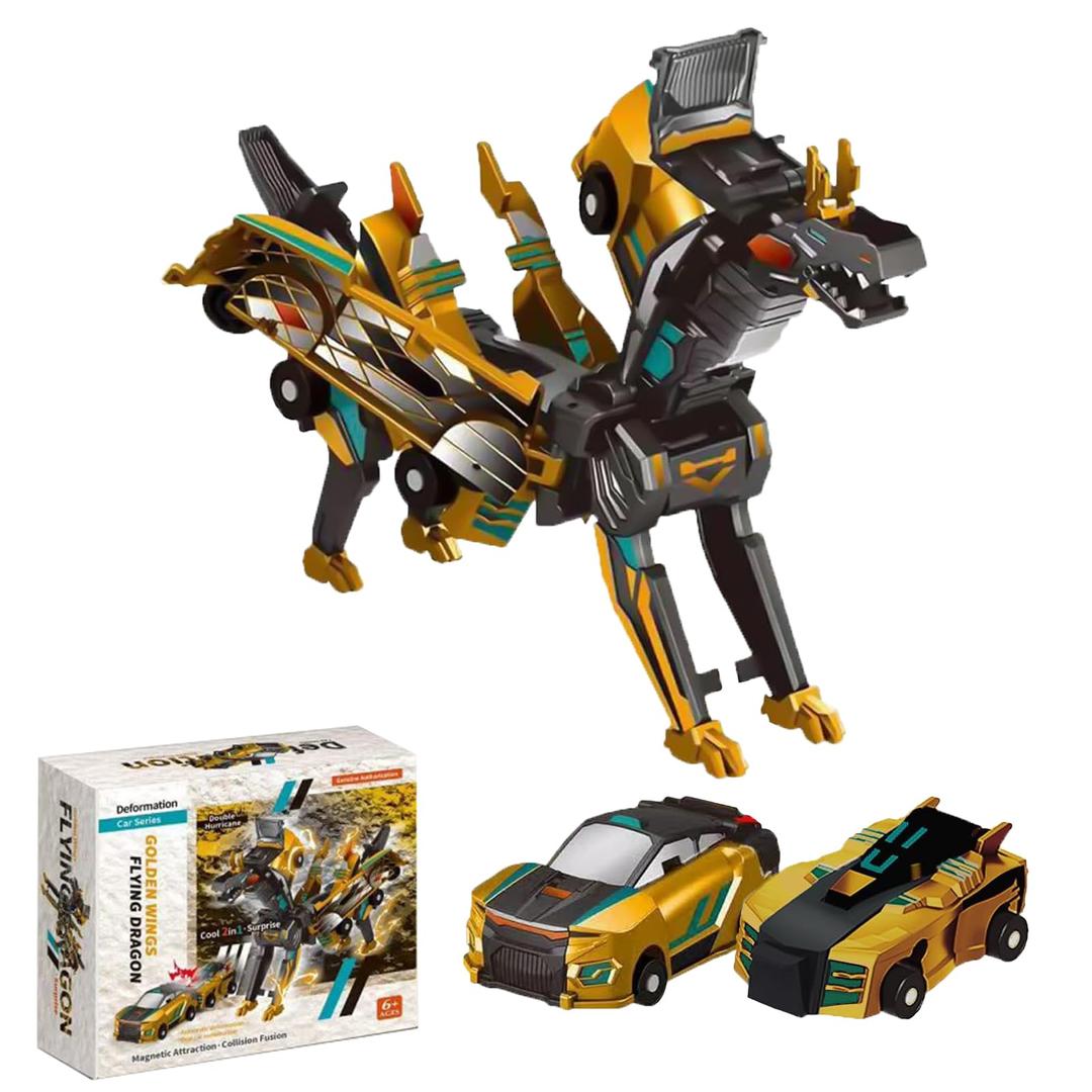 Golden Wing Dragon Transformer Car Toy – 2-in-1 Magnetic Collision Transforming Vehicle into Flying Dragon, Fun STEM Toy Gift for Boys & Girls