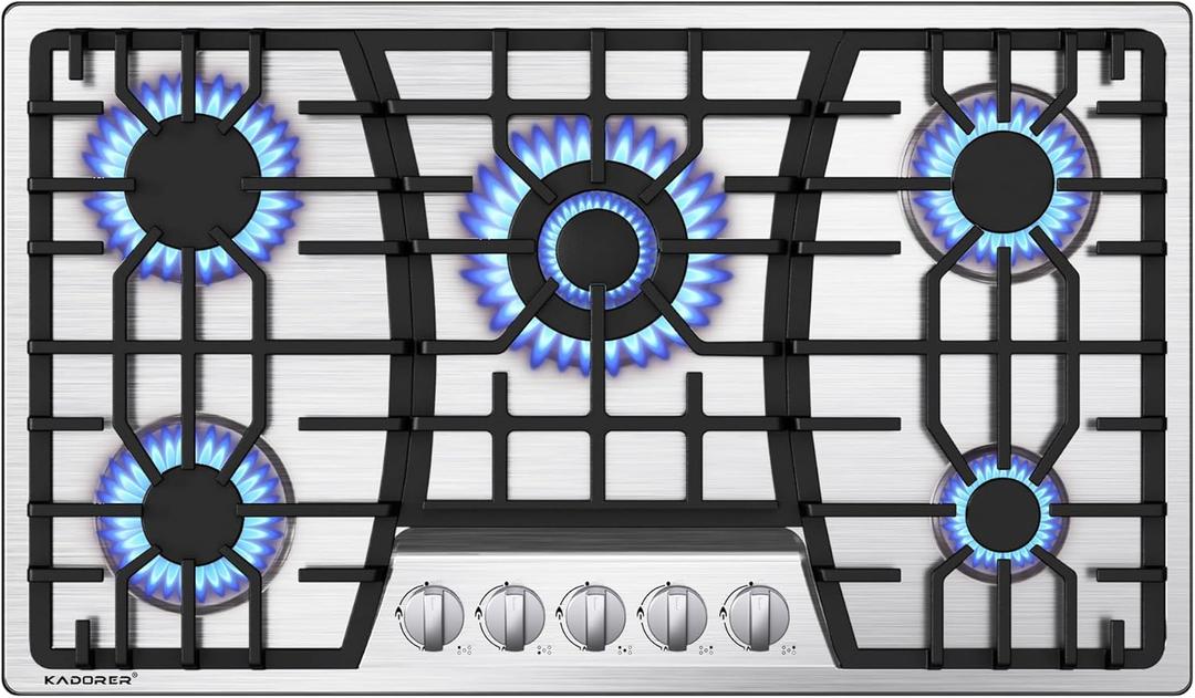 36 inch Gas Cooktop, Bulit-in Gas Stove Top with 5 Burner, NG/LPG Convertible Cooktops, 5 Burner Propane Cooktop with Thermocouple Protection, Stainless Steel