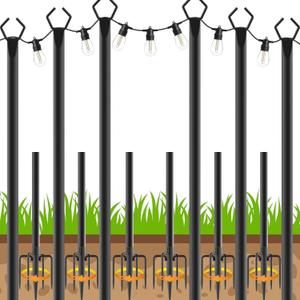 AHRLHR 6 Pack String Light Poles, Outdoor String Light Pole 10 ft Forked Metal Light Pole with Adjustable Outdoor Light Stand, Deck, Backyard, Garden, Wedding, Rustproof and Sturdy with Hooks.