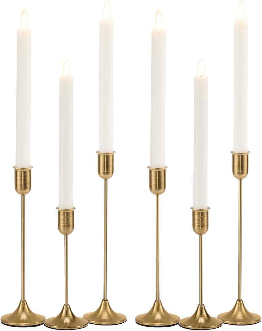 Brass Gold Candlestick Holders, Metal Taper Candle Holders Set of 6, Vintage Modern Candle Sticks Holder Decor for Table Centerpiece, Fireplace Mantel Wedding Housewarming Gift, Candlelit Dinner Dcor
