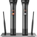 Wireless Microphones, Metal Dual UHF Cordless Handheld Microphone System, Suitable for Family Karaoke, Speaker, Party, Conferences, Wedding, Church, 260 ft (T-023).