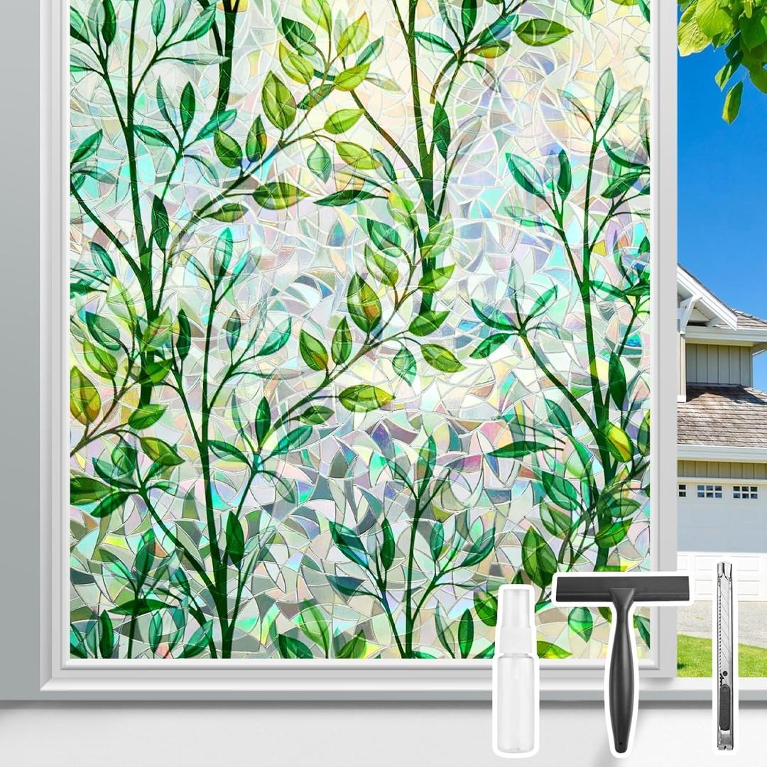 Donox Window Privacy Film, 3D Decorative Window Vinyl Decorative Stained Glass Window Film, Anti-UV Sun Blocker Heat Control for Home, 29.5 Inch x 6.5 Feet (with Installation Tool) (Leaf Rainbow)