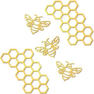 Peryiter 5 Pcs Metal Bee Wall Art Farmhouse Honey Bee Honey Comb Decor Wire Metal Wall Decor Hanging for Living Room Garden Bedroom Office Home(Gold)