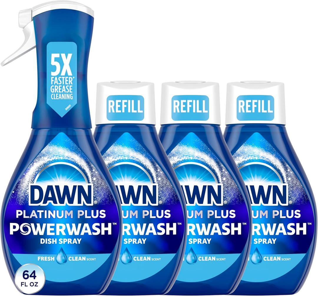 Dawn Platinum Powerwash Dish Spray, Dish Soap Liquid, Fresh Scent Bundle, 1 Spray (16oz) + 3 Refills (16oz each)(Pack of 3) 