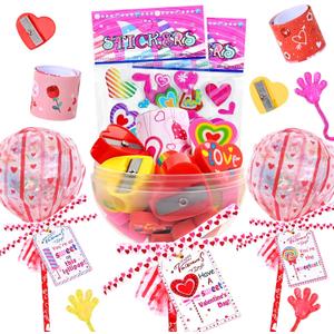 Waipfaru 24 Pack Valentines Day Gifts, Valentine's Day Cards for Students, Lollipop-Shaped Stationery Set with Pencils Stickers Erasers Sharpener for Boys Girls School Classroom Exchange Party Favors (Red)