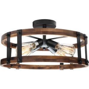 Semi Flush Mount Ceiling Light Fixture, Modern Farmhouse Wood Drum Ceiling Lamp, Rustic Close to Ceiling Lighting for Hallway Entryway Laundry Room Bedroom