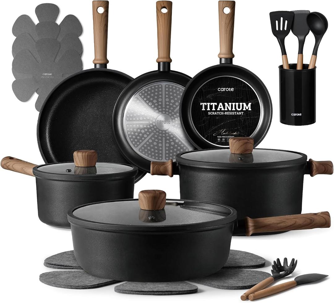 CAROTE 21pcs Pots and Pans Set Nonstick, Cookware Set Black Granite Induction Kitchen Cooking Set w/Frying Pans & Saucepans(PFOS, PFOA Free), 21 Piece 