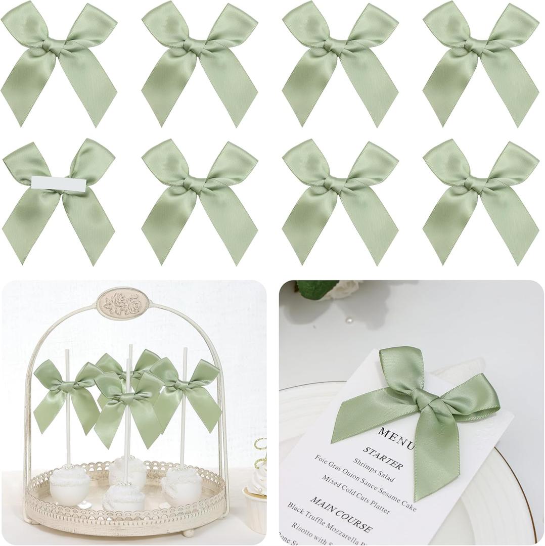 Pre-Tied Self Adhesive Sage Green Satin Ribbon Bows for Crafts 3" Small Green Bow Decor for Coquette Birthday Party Decorations, Wedding, Gift Wrapping, Balloon, Baby Shower (50 Pack)