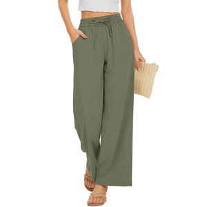 Women Flowy Pants Drawstring Waist Wide Leg Palazzo Beach Pants Loose Fit with Pockets, Size L