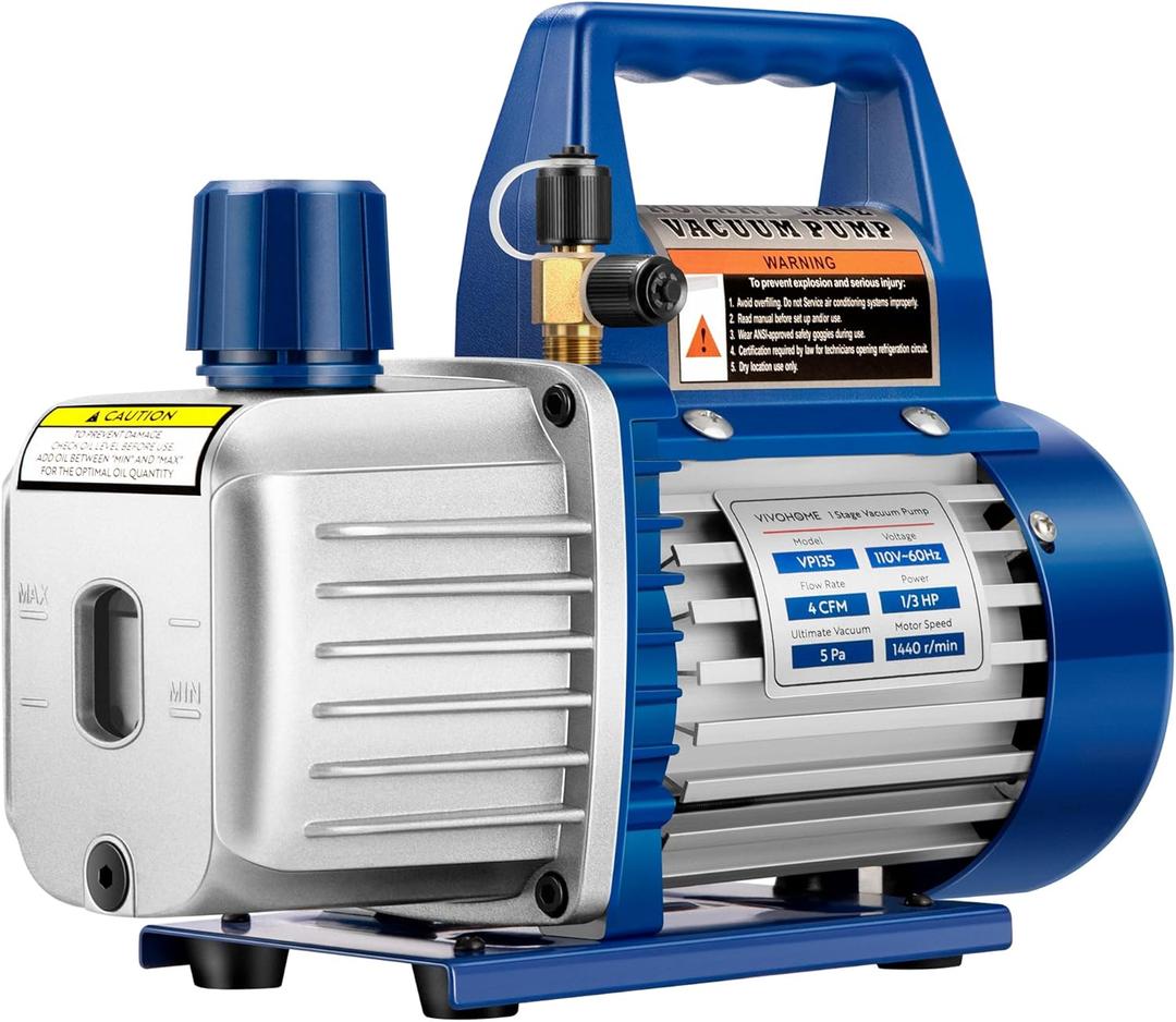 VIVOHOME 110V 1/3 HP 4 CFM Single Stage Rotary Vane HVAC Vacuum Pump with Oil Bottle, Auto AC Vacuum Pump for Automotive Air Conditioner Servicing Resin Degassing