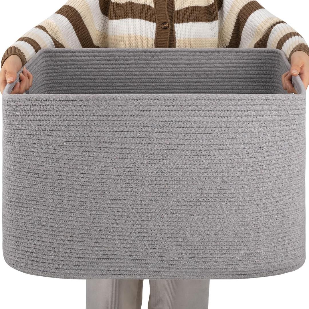 OIAHOMY XXLarge Rectangle Blanket Basket-96L, Cotton Woven Basket for Storage, Dirty Clothes Basket for Living Room, Nursery, Bedroom, Toy Organizing with Handle, 24" x 16" x 15", Grey