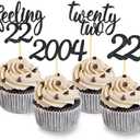 24pcs Feeling 22 Cupcake Toppers, Twenty Two Birthday Cake Decorations, Cheer to 22 Years Old Theme Party Decoration Supplies (Black)