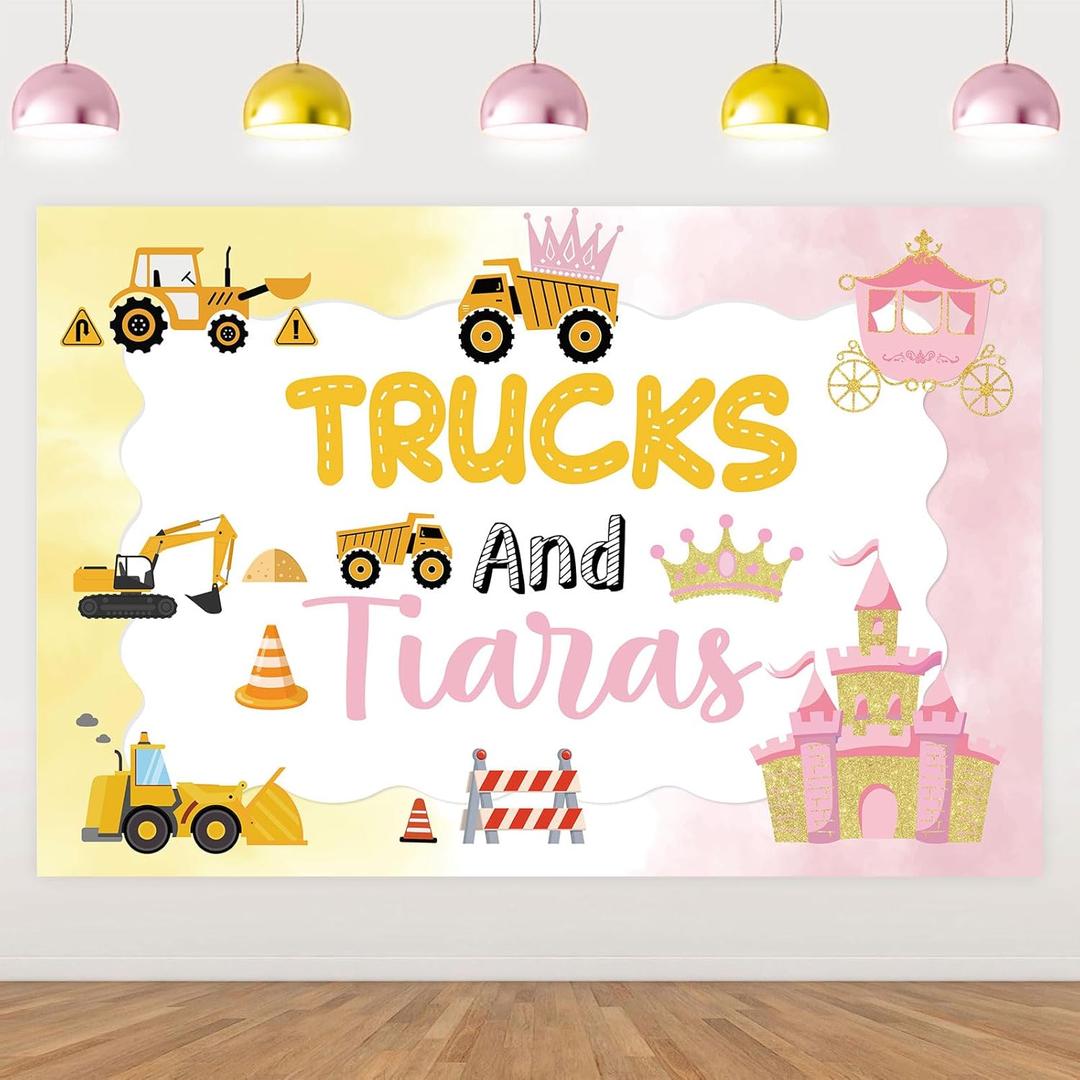 Trucks and Tiaras Birthday Party Decor: 5 * 3 ft Backdrop Banner for Twin Boy and Girl Sibling Birthday