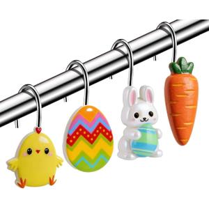 Easter Shower Curtain Hooks Rings12pcs, Rabbits, Carrots, Ducks, Eggs, Cute Bathroom Decor, Bunny Decoration,Rust Proof and Heavy Duty Shower Hanger