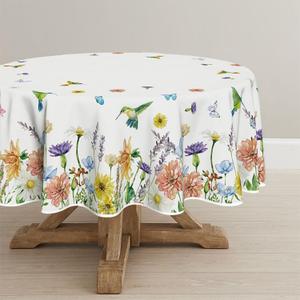 Horaldaily Spring Summer Tablecloth 7070 Inch Round, Floral Flowers Butterfly Birds Washable Table Cover for Party Picnic Dinner Decor