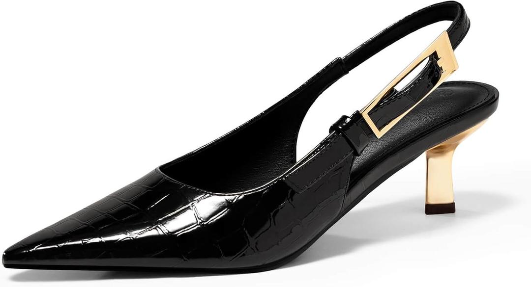 Coutgo Womens Slingback Kitten Heels Closed Pointed Toe Pumps Buckle Strap Wedding Party Dress Shoes (Black) Size 8.5