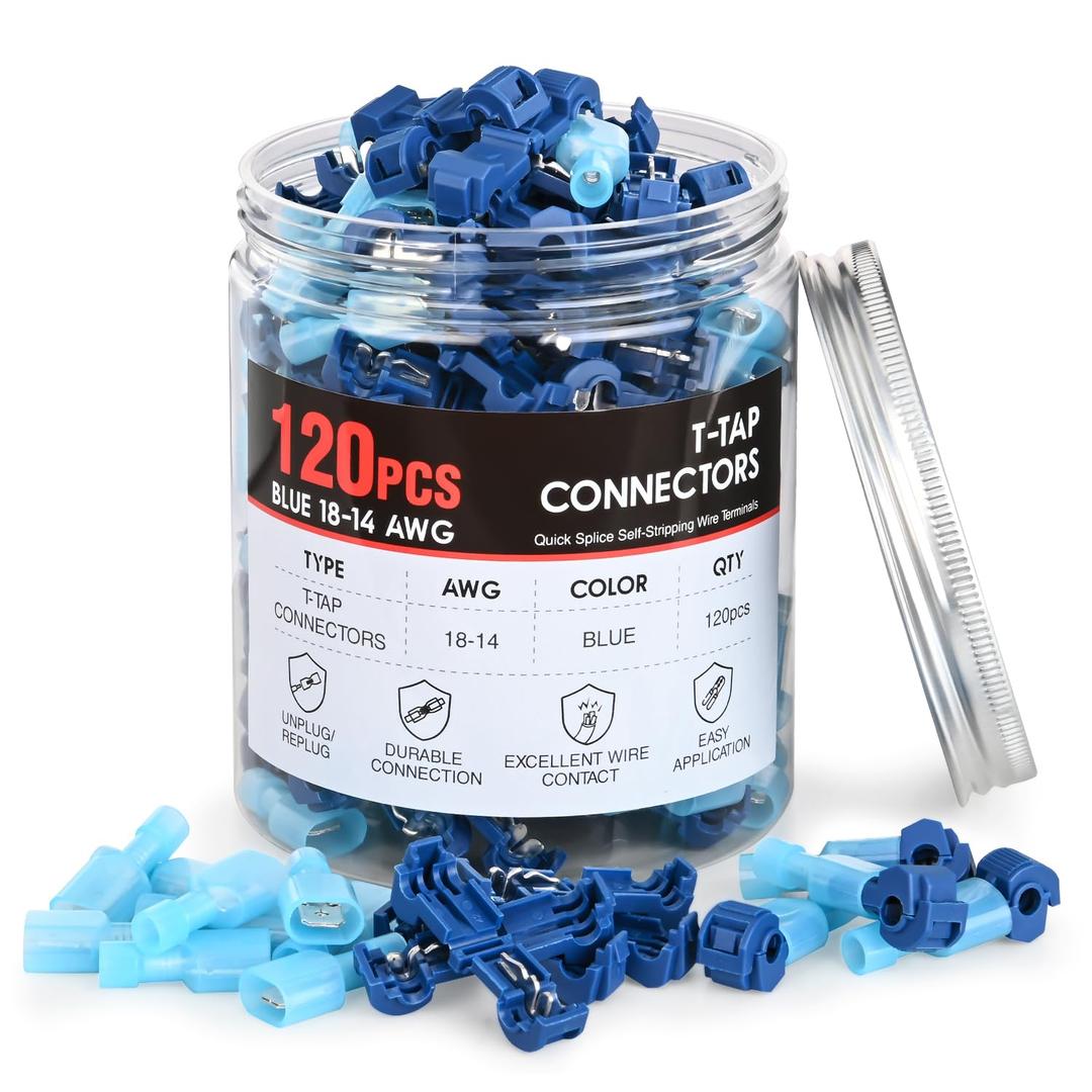 Nilight 120PCS/60 Pairs Quick Splice Disconnect Wire Terminals T-Tap Spade Connectors Blue 16-14 AWG Male Female Fully Insulated Crimp Self-Stripping Kit