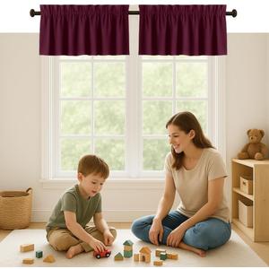 Burgundy Valance Curtains 2 Pack, 54x18 Inches, 100% Cotton, Rod Pocket Window Valances, Semi Sheer Short Curtain for Kitchen, Farmhouse, Caf, Bedroom, Bathroom, Living Room Dcor