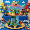 2 x Blue Speed Racer Cupcake Stand, 3 Tier Dessert Holder for Gamer Party Supplies, Fast Track Adventure Golden Ring Theme Birthday Decorations for Boys Girls Kids (Adventure Style)