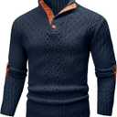 Wizoat Mens Cable Knit Pullover Sweater Casual Long Sleeve Stand Collar Quarter Button Knitted Sweaters (L)