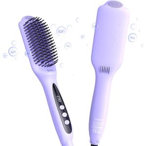 LANDOT Heated Hair Straightener Brush Negative Ion Hot Flat Iron Brush Straightener for Smooth & Frizz-Free Results - Dual Voltage Ceramic Straightening Brush Adjust Temp 250F-450F for All Hair Types
