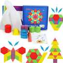 155 Pcs Wooden Pattern Blocks Set Geometric Shape Puzzle Kindergarten Classic Educational Montessori Tangram Toys for Kids Ages 4-8 with 24 Pcs Design Cards