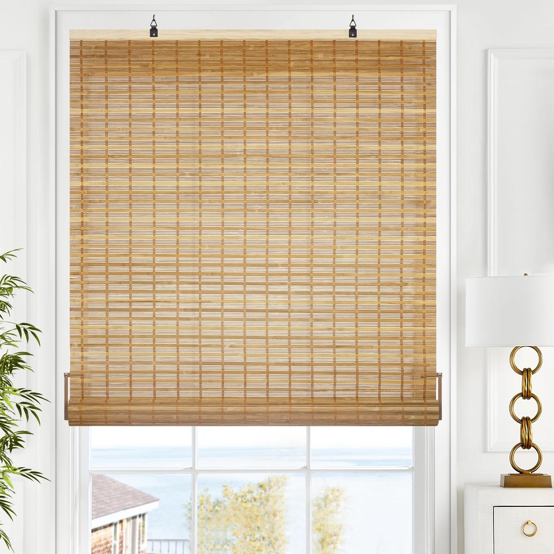 LazBlinds Cordless Bamboo Blinds, Bamboo Roll Up Shades for Windows, Light Filtering Hanging Window Blinds, Bamboo Shades for Patio Indoor/ Outdoor Porch - Blinds Size: 26 1/ 5'' W x 48'' H, Squirrel