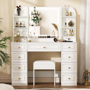 43" Makeup Vanity Desk with Mirror and Lights, & Power Outl, Glass Top Big Vanity Table with 9 Drawers& 8 Storage Shelves, Dressing Table Set with Chair for Bedroom, White