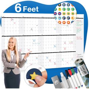 Dry Erase Calendar for Wall, 48"x74" - Undated, Reusable, Yearly - Large Whiteboard For School, Classroom & Office, Includes Markers, Eraser & Accessories