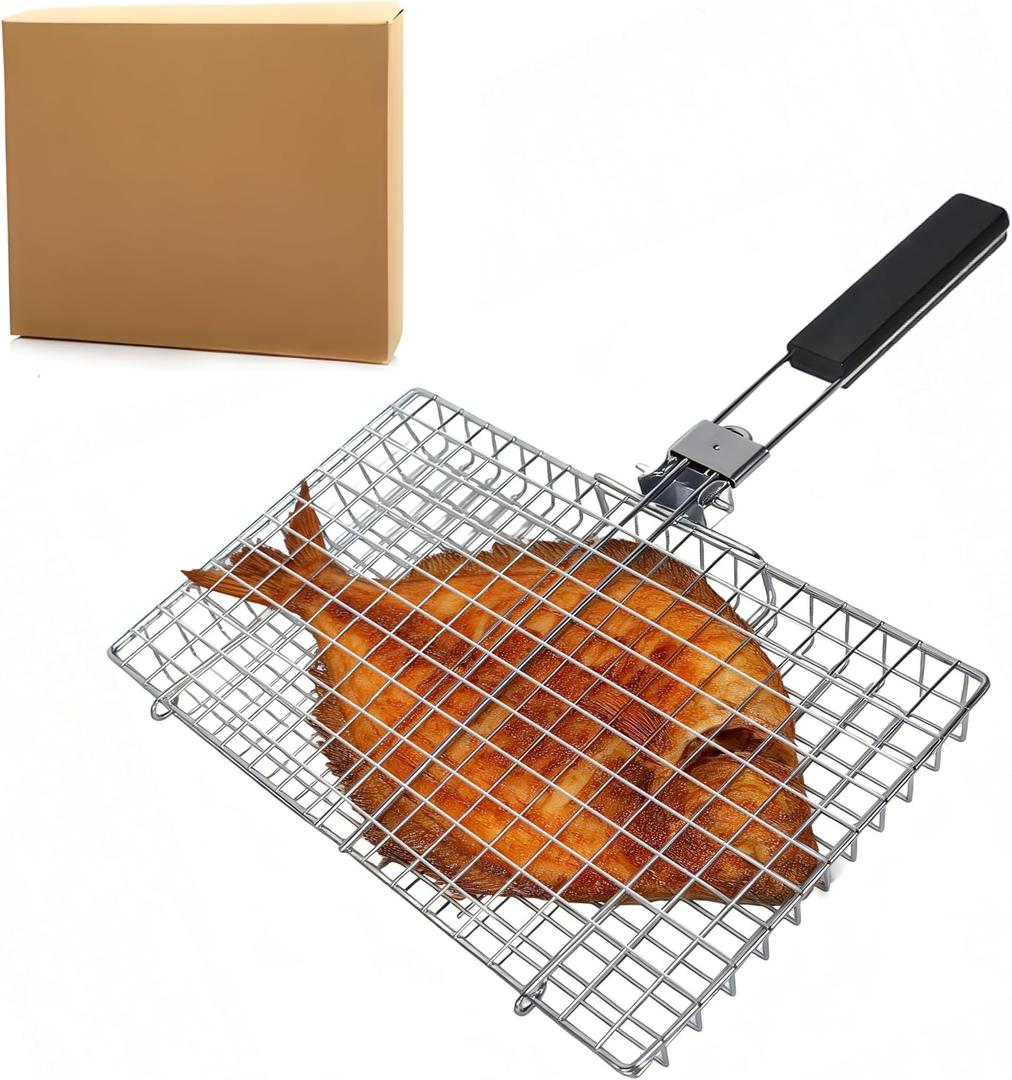 Square BBQ Fish Basket for Grilling, Portable 304 stainless steel grill basket for Fish, Vegetables, Meat Skewers, Suitable for camping, patio barbecues, or as a gift for men/women.