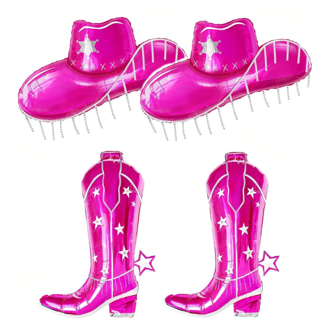 4 PCS Pink Cowgirl Boot+Hat Foil Balloon/Western Cow Party Decorations/Boots on the Ground Party Decorations/Last Rodeo Party/Country Party/Disco Girly Pink Western Cowgirl Party