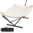 Outdoor Hammock with Stand Included, Two Person Hammock with Curved Spreader Bar, Pillow and Portable Bag, 450 Lbs Capacity, Beige
