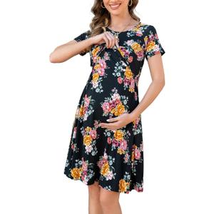 Womens Nursing Dresses Breastfeeding Short Sleeve Drawstring Maternity Nursing Dress with Pockets (Medium, Black Camellia)