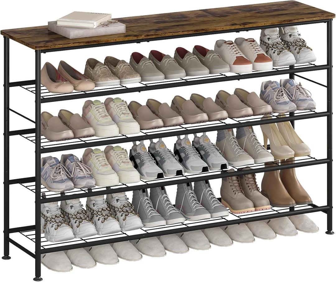 SUOERNUO Shoe Rack 5 Tier Shoe Storage Organizer Metal Mesh Shelves with MDF Top Board for Entryway, Hallway, Closet,BedroomLiving Room (Black/Rustic Brown, Large 5 Tier)