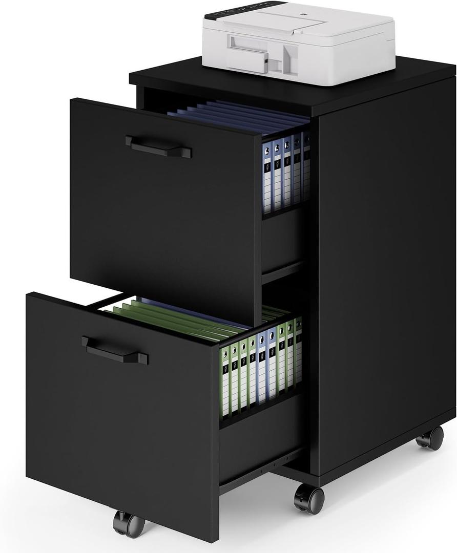 DUMOS 2 Drawer Filing Cabinet, Rolling Wood File Cabinet for Home Office, Under Desk Storage with Lockable Wheels, Printer Stand, Office Organizer, Black
