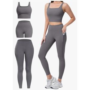3 Piece Workout Sets for Women High Waisted Leggings with Pockets Tummy Control Biker Shorts Yoga Sports Bra M