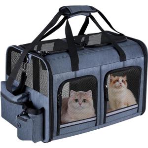 Cat Carrier for 2 Cats, Foldable Double Cat and Dog Carrier, Small to Medium Size, 2 Front Zippered Compartments,Two Pets Carrier for Outdoor Travel,Mulitple Cat Carrier, Grey