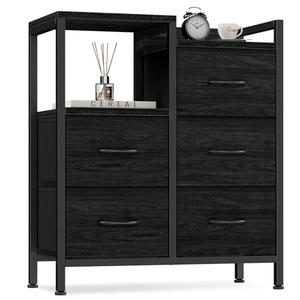 Furnulem 5 Drawer Black Dressers for Bedroom 2 Tier Shelf Storage Small Fabric Dresser for Closet Sturdy Metal Frame Modern Style Storage Cabinets Organization Units for Hallway Rooms, Black Oak