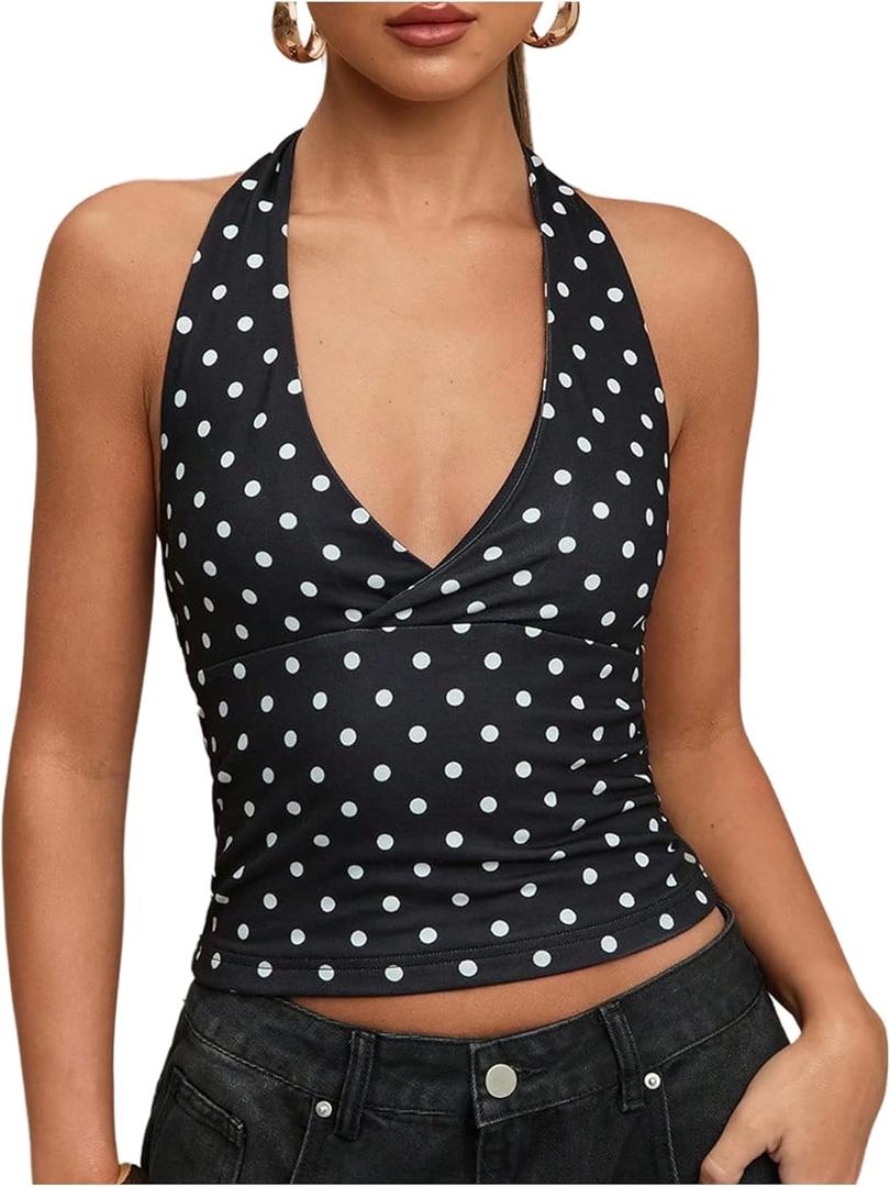 SweatyRocks Women's Polka Dots Print Halter Tops Going Out Backless Deep V Neck Summer Top (Black)