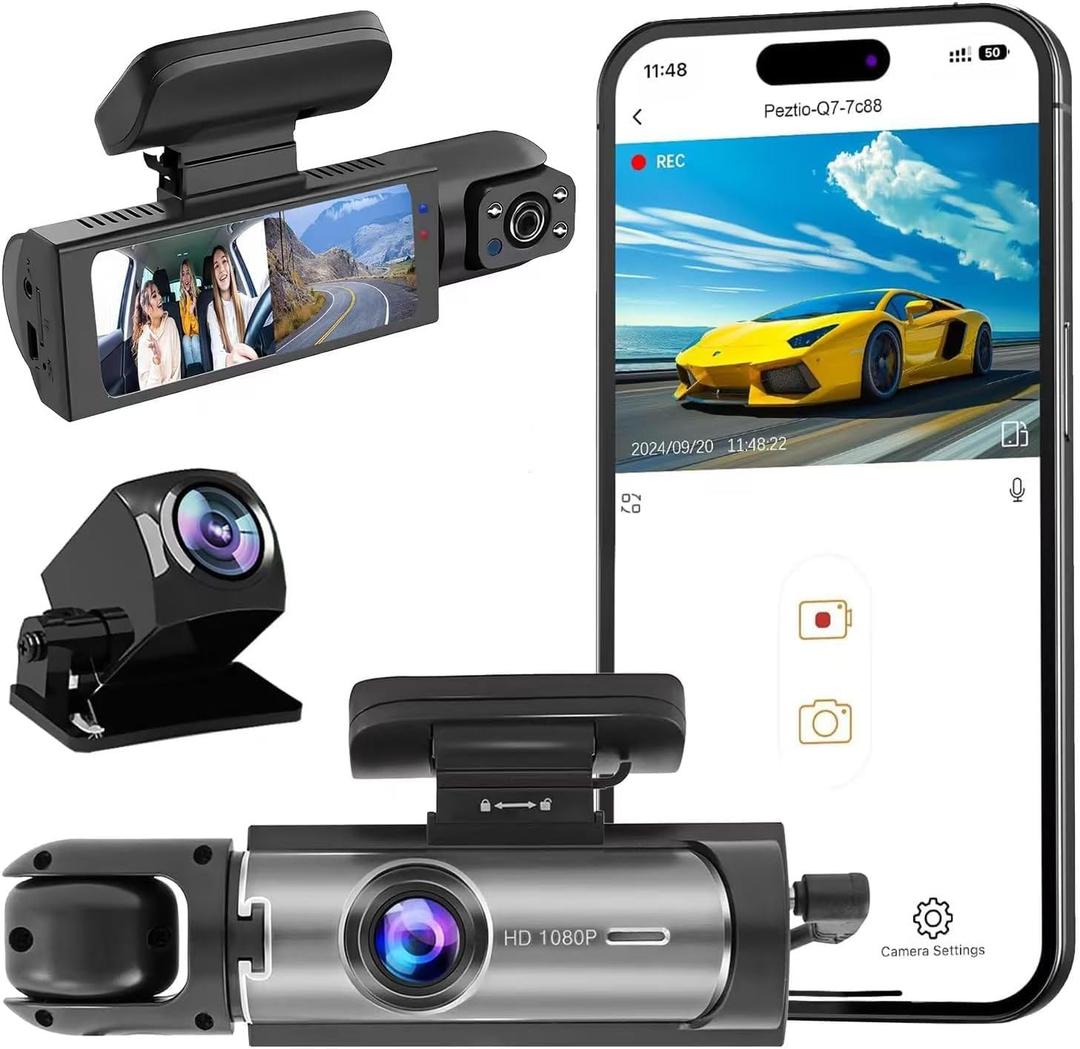 Dash Cam Front and Rear Inside,Dashcam for Cars with APP Control,Car Camera Driving Recorder with 64G Card IR Night Vision,Loop Recording,3.16 Inch IPS Screen,Parking Mode (Front+Inside+Rear)