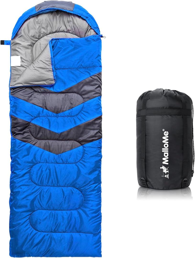 MalloMe Sleeping Bags for Adults Cold Weather & Warm - Backpacking Camping Sleeping Bag for Kids 10-12, Girls, Boys - Lightweight Compact Camping Essentials Gear Accessories Hiking Sleep Must Haves (60-90F Warm Weather - Blue)