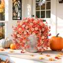 Ivydale Artificial Faux Mums Fall Flowers for Outdoor Outside Decoration, 2 PCS Fake Hanging Flowers Silk Morning Glory Plants with Eucalyptus for Home Garden Decor (Fall Orange+Light Orange)