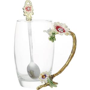 Tea Cup Gifts for Mom Women Mothers Day Glass Coffee Enamels Mug Birthday Butterfly Rose Gifts for Her Valentines Day Christmas Tea Cup with Spoon